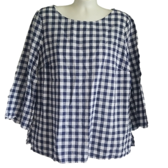 𝅺liz Claiborne Linen Blend Top Checkered Blue White Ruffled Bell Sleeves Small - Picture 1 of 7